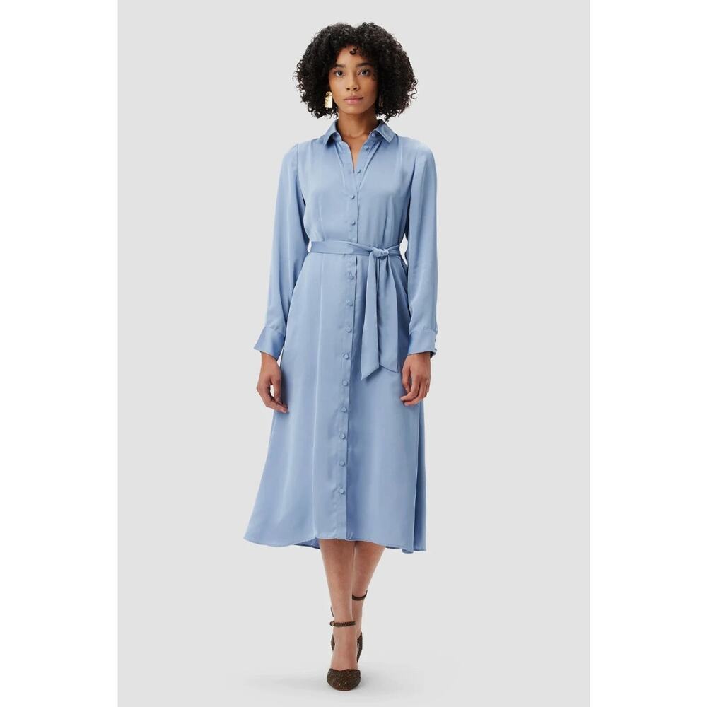 Amour Vert Joyce Satin Belted Shirt Dress in Horizon Light Blue